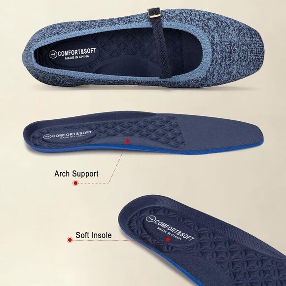 Frank Mully Mary Jane Women Blueb Mesh Slip on Square-Toe Ankle Strap Flat Shoes - Picture 4 of 7